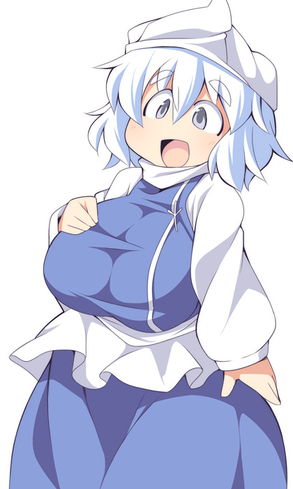 1girl :d blue_eyes blush breasts dress hand_on_own_chest happy hat huge_breasts letty_whiterock long_sleeves looking_at_viewer open_mouth plump short_eyebrows short_hair smile solo touhou triangular_headpiece turtleneck ushi white_hair
