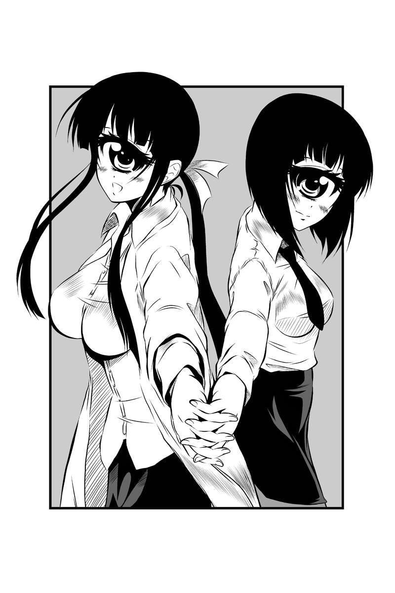 2girls breasts cowboy_shot crossover cyclops highres hitomi_(hitomi_sensei_no_hokenshitsu) hitomi_sensei_no_hokenshitsu holding_hands labcoat large_breasts long_hair manako monochrome monster_musume_no_iru_nichijou multiple_girls necktie one-eyed payot ponytail s-now small_breasts