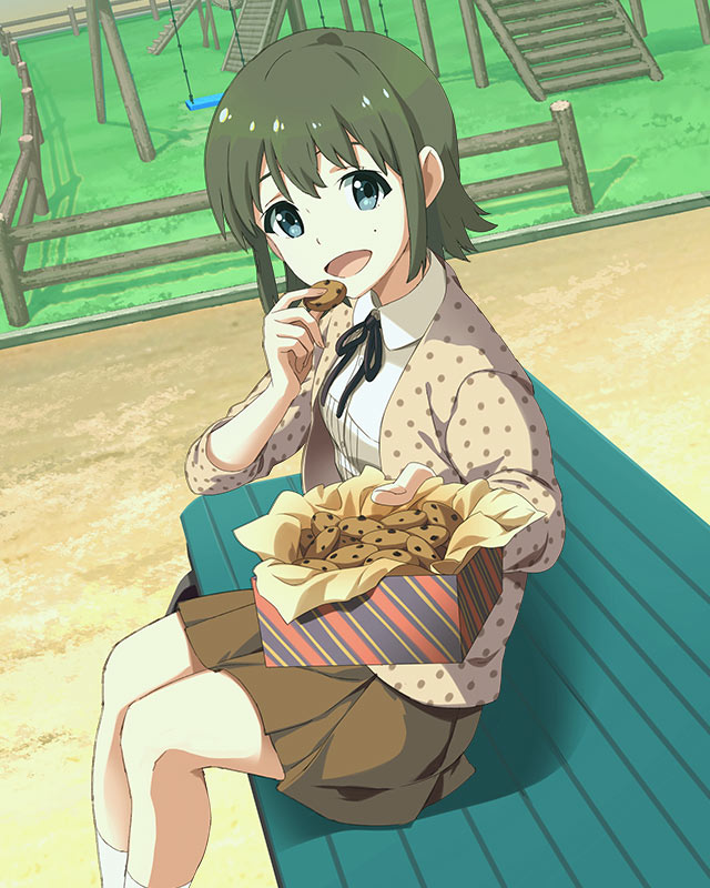 1girl :d bench blue_eyes cookie dutch_angle food green_hair hayashida_airi looking_at_viewer mole mole_under_eye official_art open_mouth outdoors ribbon short_hair sitting skirt smile solo wake_up_girls! wake_up_girls!_stage_no_tenshi