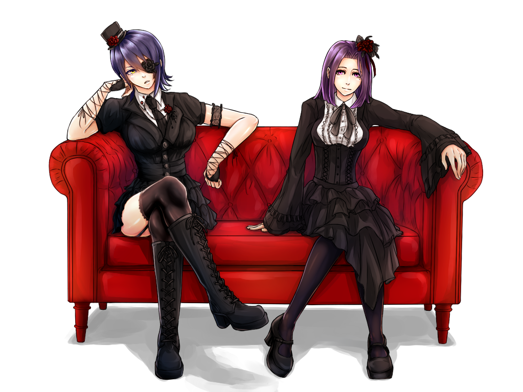2girls boots breasts eyepatch fingerless_gloves gloves gothic_lolita hat kantai_collection large_breasts lolita_fashion looking_at_viewer mini_top_hat multiple_girls open_mouth purple_hair ruuto_(ruto3) short_hair simple_background skirt smile tatsuta_(kantai_collection) tenryuu_(kantai_collection) top_hat violet_eyes white_background yellow_eyes