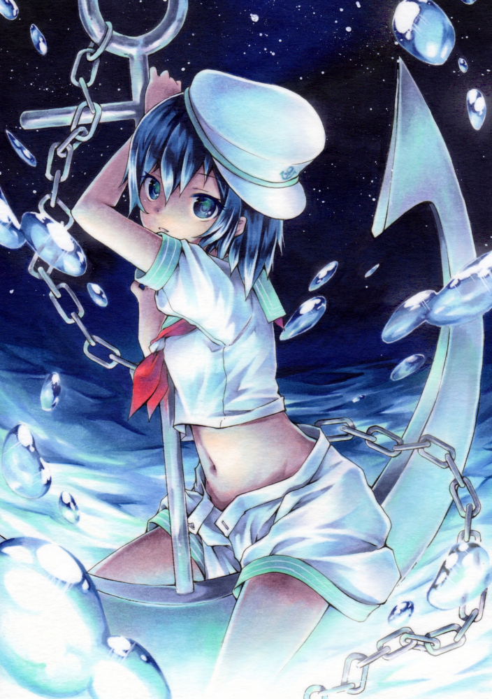 1girl anchor ascot black_eyes black_hair bubble chain commentary crop_top funnyfunny hat murasa_minamitsu navel night night_sky open_clothes open_shorts partially_submerged sailor_collar sailor_hat short_hair short_sleeves shorts sky small_breasts solo star stomach touhou traditional_media water