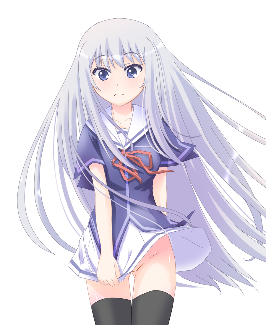 1girl black_legwear blue_eyes blush cowboy_shot gotoho long_hair looking_down natsukawa_masuzu no_panties ore_no_kanojo_to_osananajimi_ga_shuraba_sugiru school_uniform skirt skirt_tug solo thigh-highs thigh_gap very_long_hair wind_lift