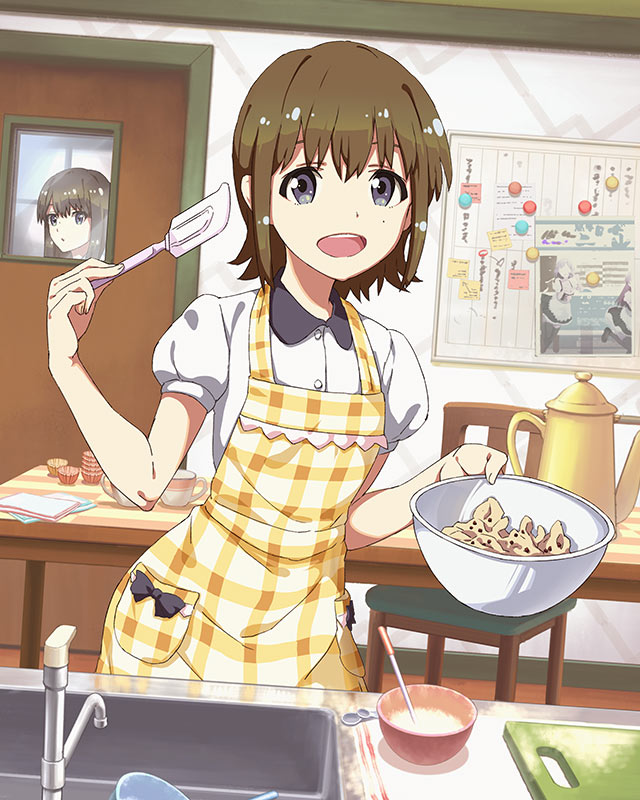 2girls :d apron blue_eyes brown_hair cooking hayashida_airi looking_at_viewer mole mole_under_eye multiple_girls official_art open_mouth ribbon short_hair smile solo solo_focus table wake_up_girls! wake_up_girls!_stage_no_tenshi