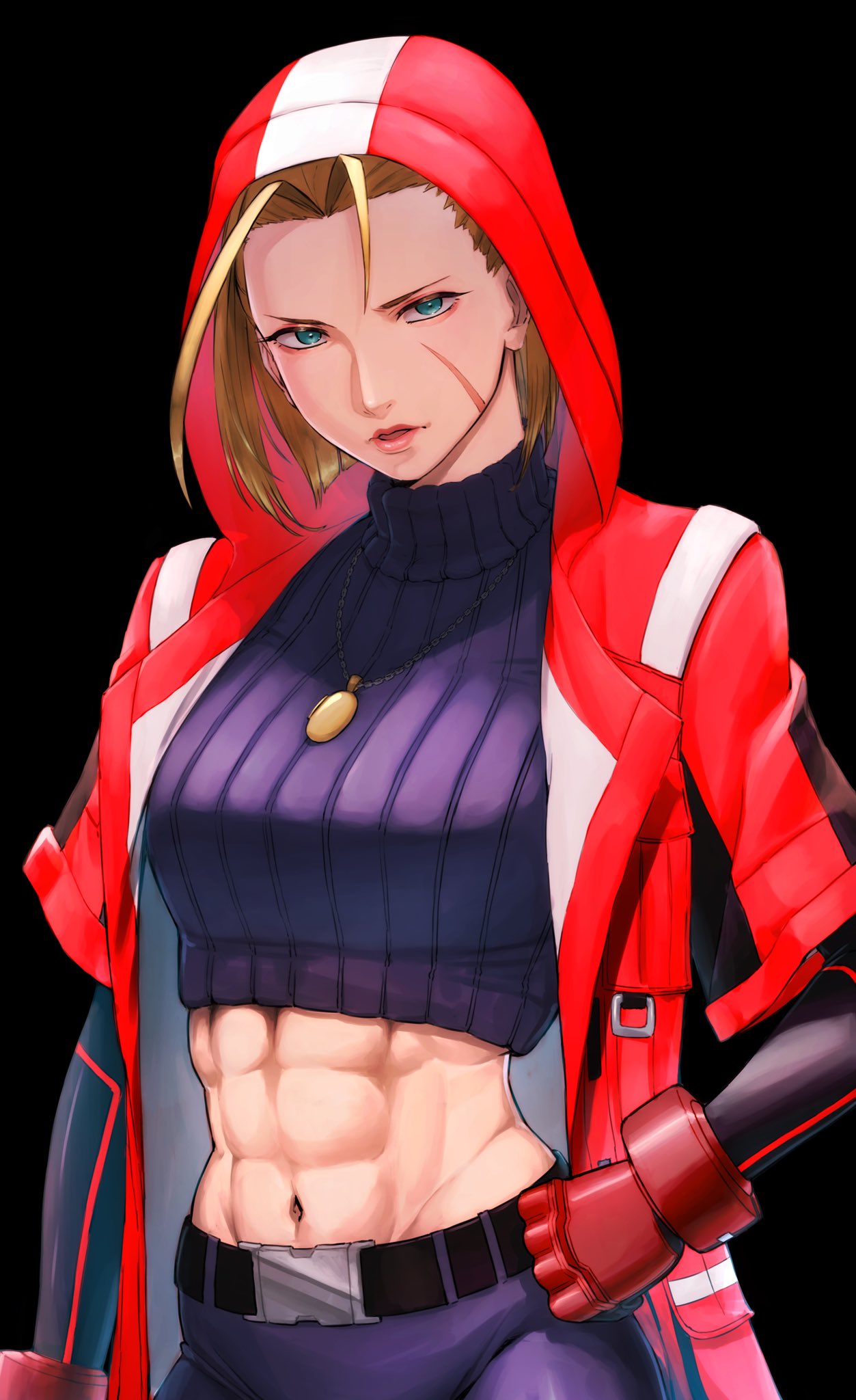 1girl abs aduti_momoyama belt black_background black_belt blonde_hair blue_eyes breasts cammy_white coat crop_top hand_on_own_hip highres hood hood_up hooded_coat jewelry large_breasts looking_at_viewer muscular muscular_female navel necklace open_clothes open_coat open_mouth pink_lips purple_shirt red_coat ribbed_shirt scar scar_on_face shirt short_hair simple_background solo street_fighter street_fighter_6 turtleneck