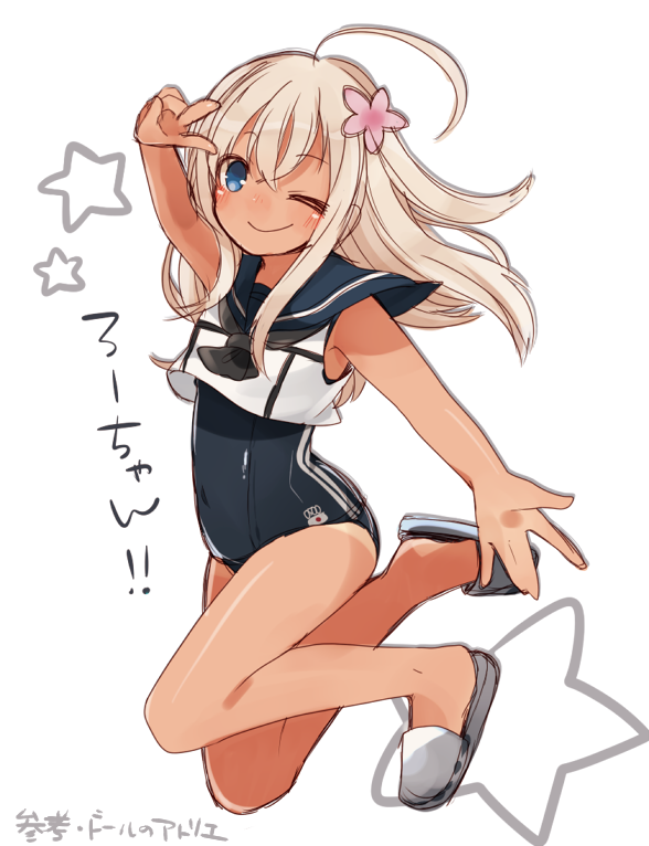 1girl ;) ahoge bangs bare_legs blue_eyes crop_top flower full_body hair_between_eyes hair_flower hair_ornament kantai_collection long_hair minamiya_mia one-piece_swimsuit one_eye_closed outstretched_arm ro-500_(kantai_collection) school_uniform serafuku silver_hair simple_background slippers smile solo swimsuit tan tanline tareme v v_over_eye white_background