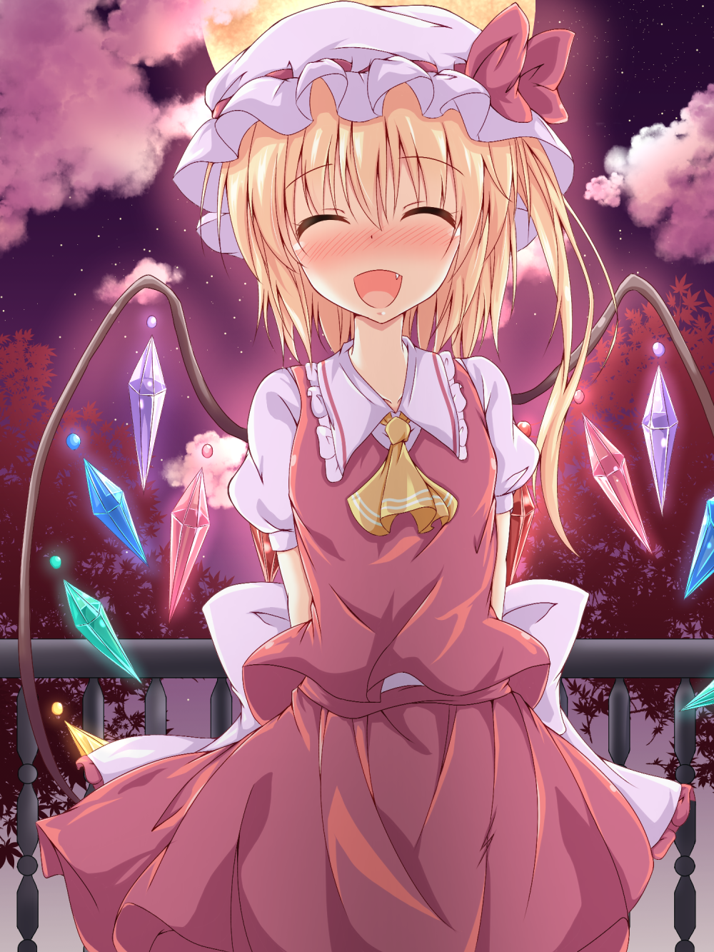 1girl arms_behind_back ascot blonde_hair bow closed_eyes clouds commentary_request fang flandre_scarlet full_moon hat hat_bow highres mob_cap moon naba_(take_tonbo) open_mouth puffy_short_sleeves puffy_sleeves sash shirt short_sleeves side_ponytail skirt skirt_set sky smile solo star_(sky) starry_sky touhou vest wings