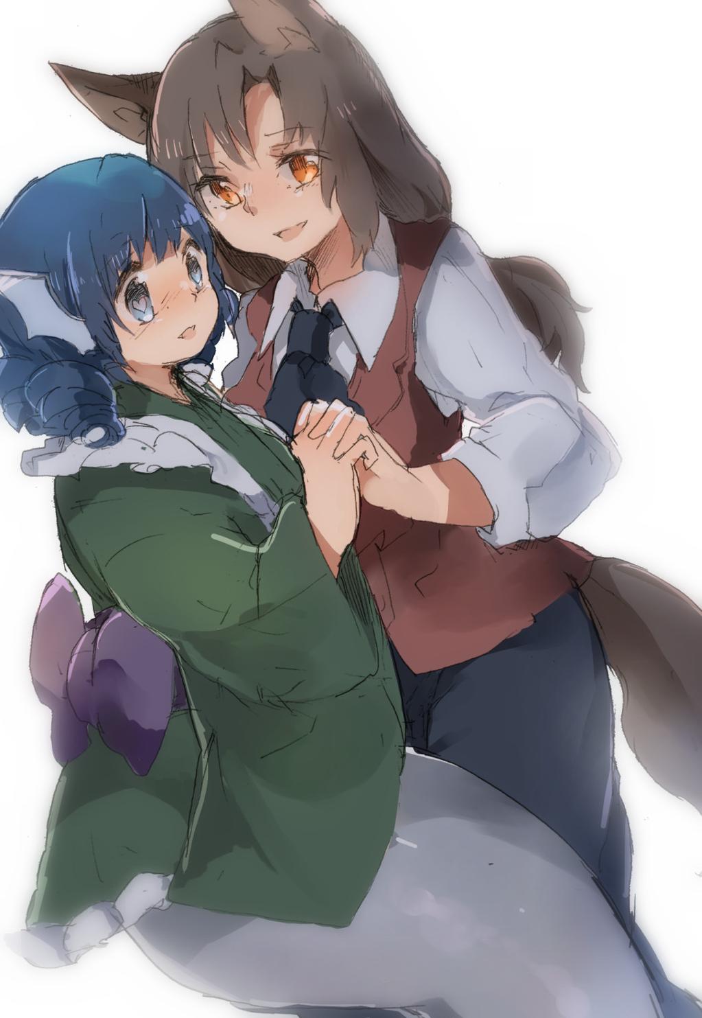 2girls alternate_costume animal_ears ascot blue_eyes blue_hair blush brown_hair dress green_dress head_fins heart heart-shaped_pupils highres holding_hands imaizumi_kagerou japanese_clothes long_hair long_sleeves looking_at_viewer mermaid monster_girl multiple_girls open_mouth orange_eyes pants ribbon sash shirt short_hair shukinuko simple_background smile symbol-shaped_pupils tail touhou vest wakasagihime white_background wide_sleeves wolf_ears wolf_tail yuri