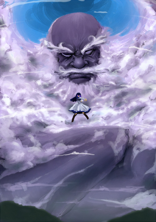 angry beard blue_hair cloud dress eyebrows facial_hair fighting_stance flying hood kage_houshi kumoi_ichirin touhou unzan