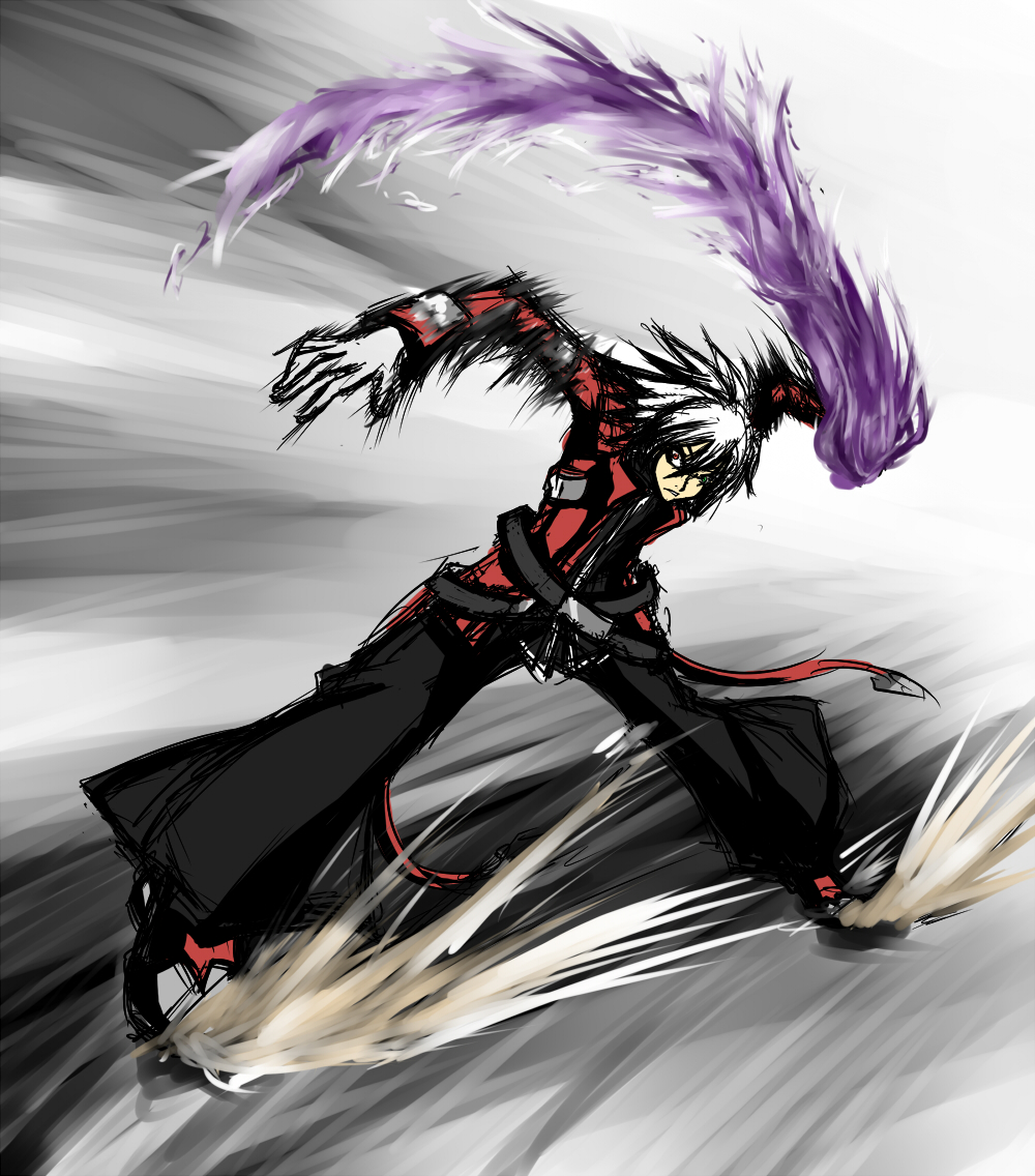 artist_request blazblue fighting_stance hakama heterochromia japanese_clothes male ragna_the_bloodedge solo white_hair
