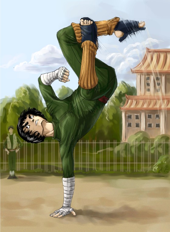 eyebrows handstand maito_gai male might_guy motion_blur multiple_boys naruto rock_lee