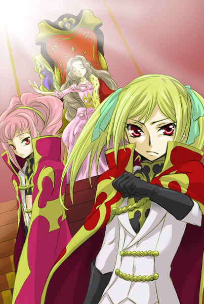 alice_(code_geass) anya_alstreim artist_request blind blonde_hair bodysuit breasts brown_hair cape code_geass dress dual_persona flat_chest fur gloves hair_ribbon knight long_hair mark_nemo midriff multiple_girls navel nemo_(nightmare_of_nunnally) nightmare_of_nunnally nunnally_lamperouge pink_hair red_eyes ribbon sitting source_request throne twintails