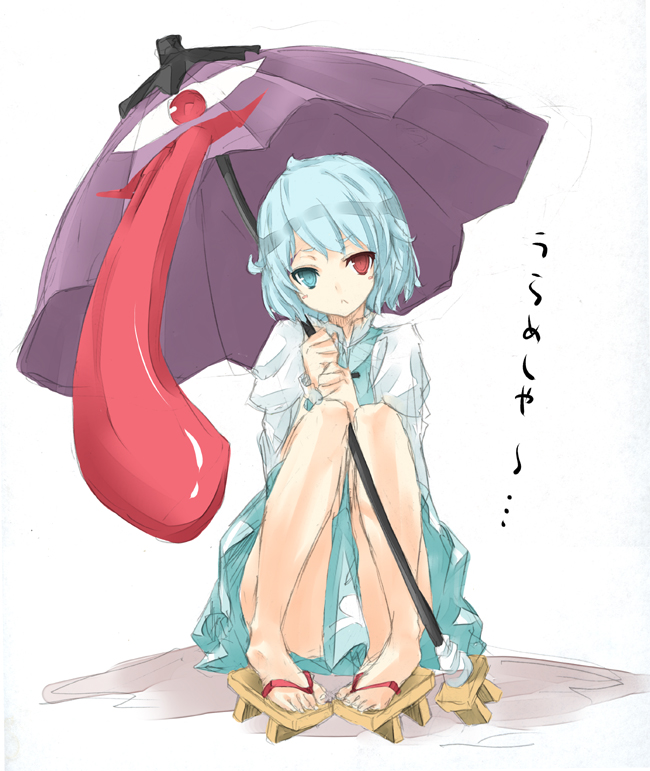 blue_hair feet geta graphite_(medium) heterochromia karakasa_obake legs mixed_media nabeshima_tetsuhiro no_socks pigeon-toed red_eyes sandals short_hair sketch tatara_kogasa tongue touhou traditional_media umbrella urameshiya