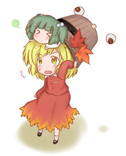 aki_shizuha blonde_hair bucket girl_in_bucket green_hair hair_bobbles hair_ornament hanyu846 in_bucket in_container kisume leaf leaf_on_head leaves short_hair touhou twintails yellow_eyes