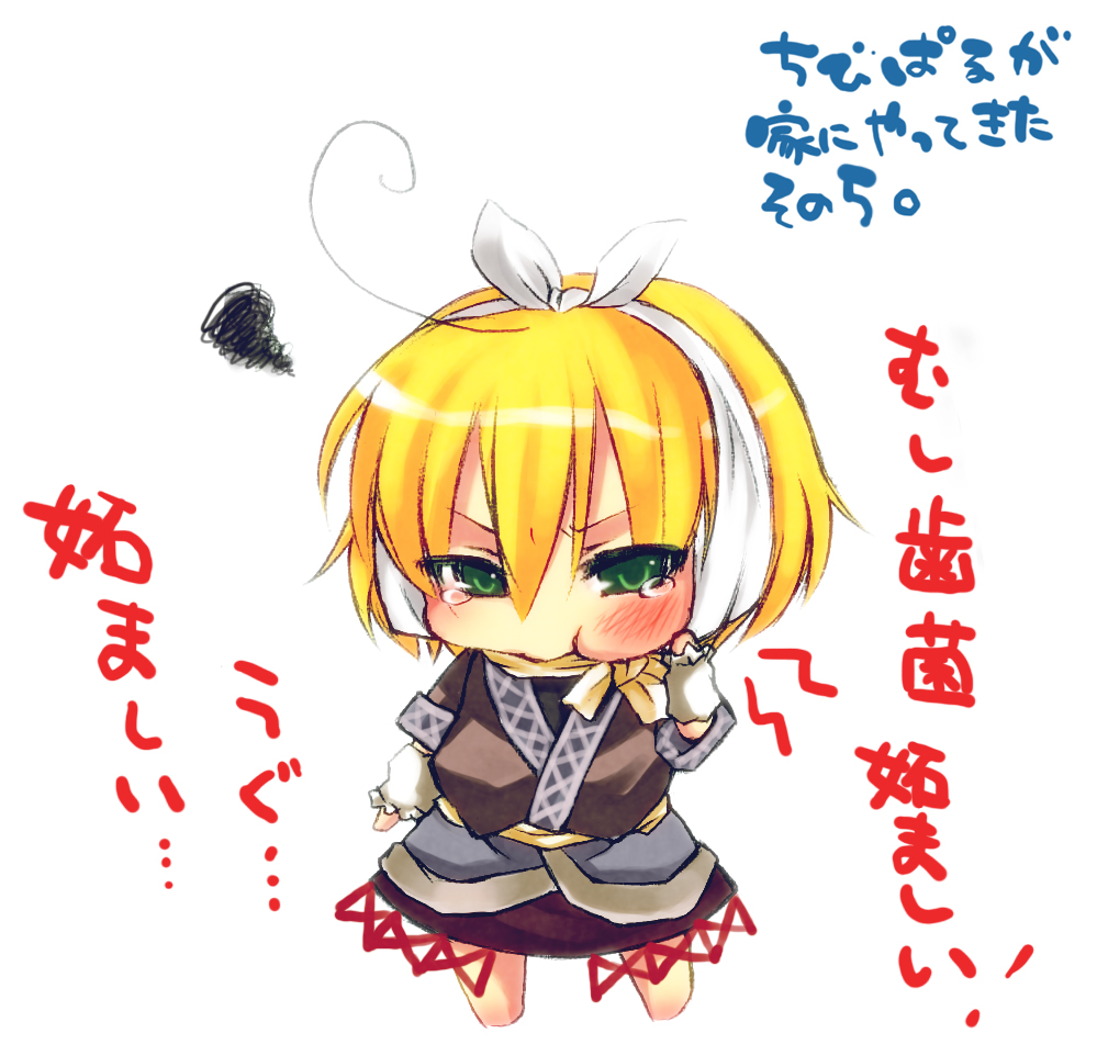 arm_warmers blonde_hair chibi green_eyes mizuhashi_parsee pointy_ears scarf short_hair skull.03 tears toothache touhou translated