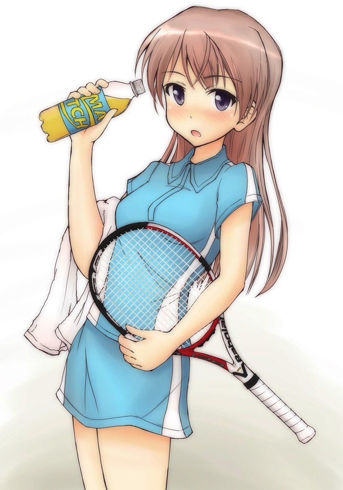 blue_eyes blush eila_ilmatar_juutilainen hanyu long_hair match_(drink) product_placement racket sportswear strike_witches tennis_racket tennis_uniform towel