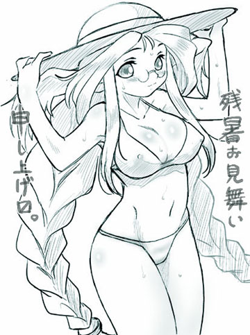 1girl animal_ears braid breasts breath_of_fire breath_of_fire_iii covered_nipples dr.p glasses hat long_hair lowres momo_(breath_of_fire) monochrome rabbit_ears smile solo swimsuit twintails