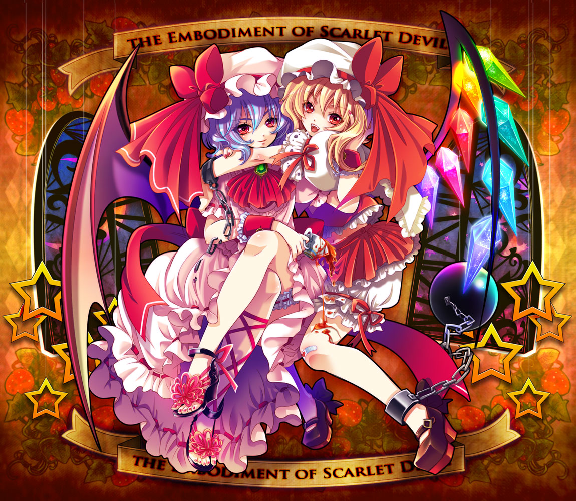 ankle_cuffs ball_and_chain bandaid bat_wings blonde_hair bloomers chain crystal cuffs dress flandre_scarlet garters highres multiple_girls nail_polish purple_hair red_eyes remilia_scarlet ribbon sandals shima_chiyo shima_tiyo siblings sisters smile touhou wallpaper wings wrist_cuffs
