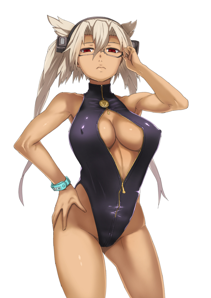 1girl armpits blonde_hair breasts dark_skin glasses jack_hamster kantai_collection large_breasts long_hair musashi_(kantai_collection) red_eyes simple_background solo thighs unzipped white_background