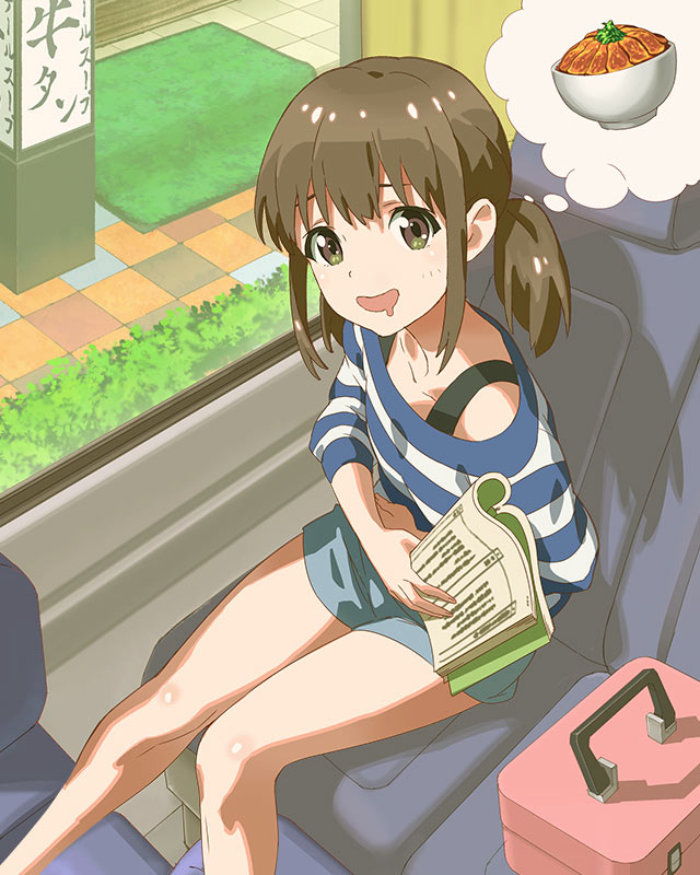 1girl brown_eyes drooling food hungry katayama_minami looking_at_viewer official_art open_mouth shorts sitting solo thought_bubble train train_interior wake_up_girls! wake_up_girls!_stage_no_tenshi