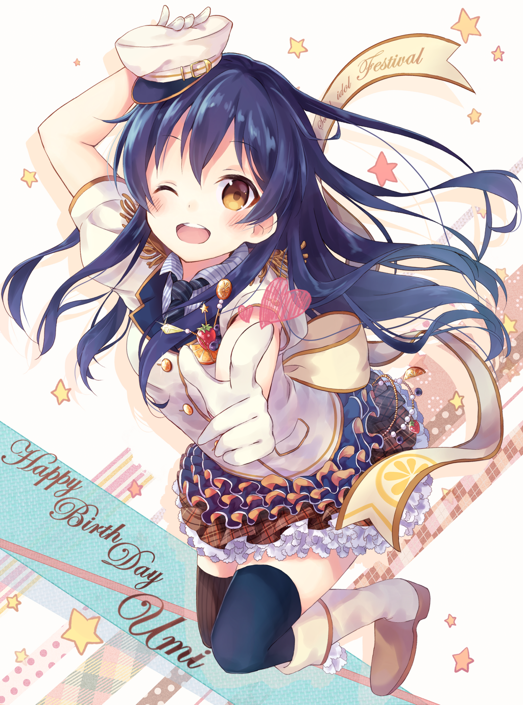 1girl blue_hair blush character_name gloves happy_birthday hat highres long_hair love_live!_school_idol_project nononon one_eye_closed open_mouth smile solo sonoda_umi