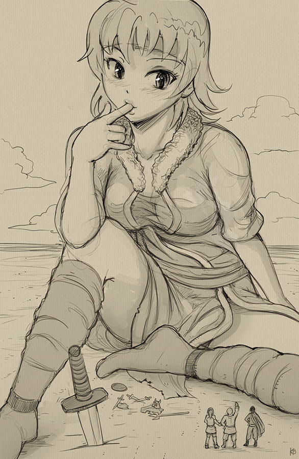 1girl borrowed_character clouds finger_in_mouth giantess karbo knife monochrome nu_la original outdoors planted_knife planted_weapon signature sitting sketch solo_focus weapon