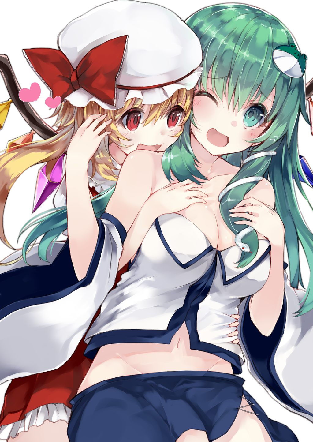 2girls adapted_costume blonde_hair blush bow breasts cleavage crystal detached_sleeves flandre_scarlet frog_hair_ornament green_eyes green_hair hair_ornament hands_on_another's_chest hat hat_bow heart highres hug hug_from_behind japanese_clothes kochiya_sanae kou_mashiro long_sleeves looking_at_another midriff miko mob_cap multiple_girls navel one_eye_closed open_mouth ponytail red_eyes shirt short_hair side_ponytail simple_background skirt skirt_set smile snake_hair_ornament touhou vest white_background wide_sleeves wings yuri