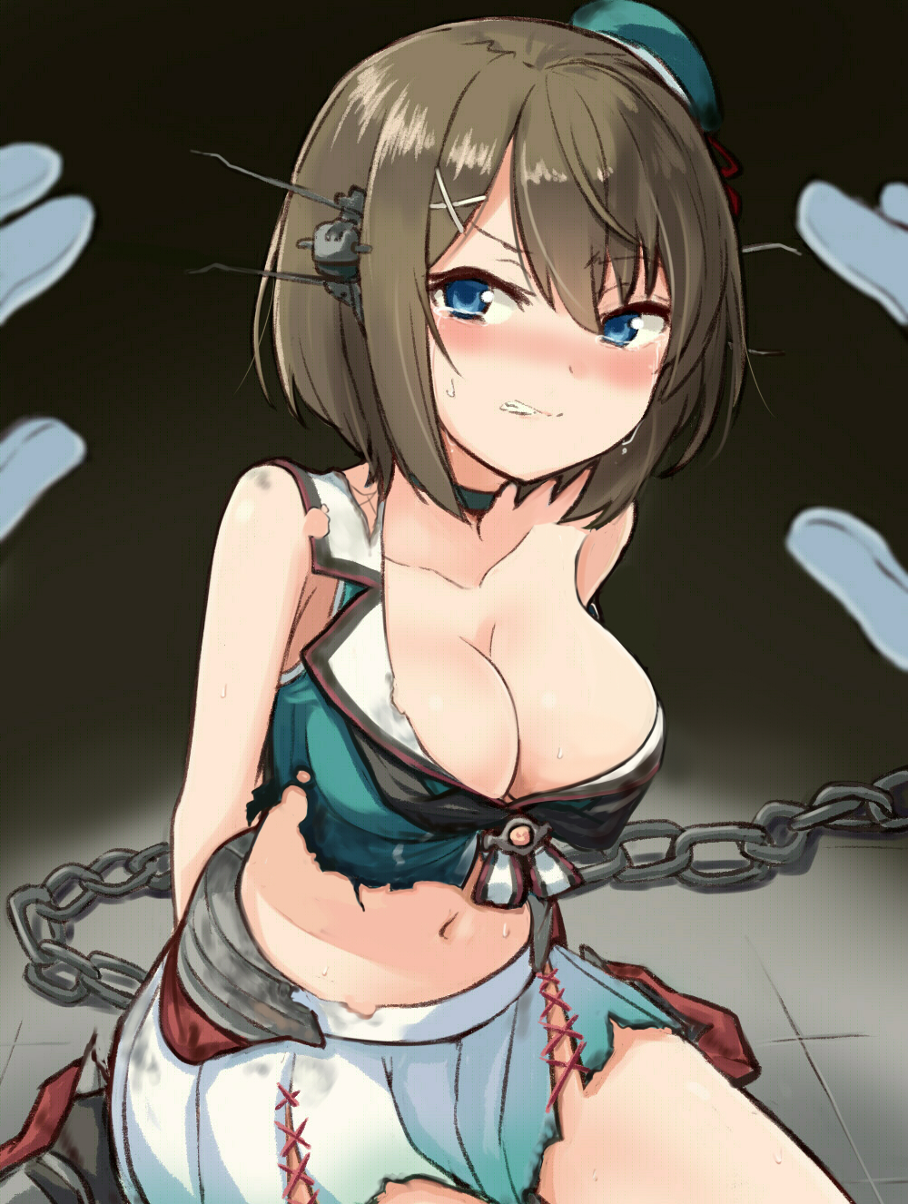 1girl arms_behind_back bare_shoulders beret blush breasts brown_hair chain choker cleavage clenched_teeth collarbone crop_top crying crying_with_eyes_open dark_room engiyoshi gradient_skirt hair_ornament hairclip hat headgear highres kantai_collection large_breasts looking_at_viewer maya_(kantai_collection) midriff mini_hat neckerchief pleated_skirt pov restrained sailor_collar short_hair sitting skirt sweat tears torn_clothes torn_skirt