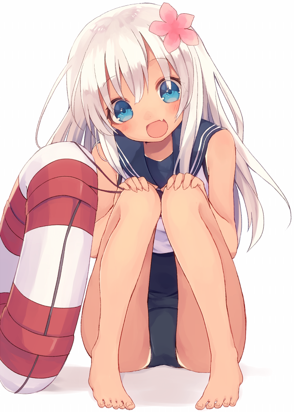 1girl :d barefoot blue_eyes blush crop_top fang flower full_body hair_flower hair_ornament hands_on_knees haruka_(reborn) innertube kantai_collection long_hair one-piece_swimsuit open_mouth ro-500_(kantai_collection) sailor_collar silver_hair sitting smile solo swimsuit swimsuit_under_clothes tan tanline toes white_background