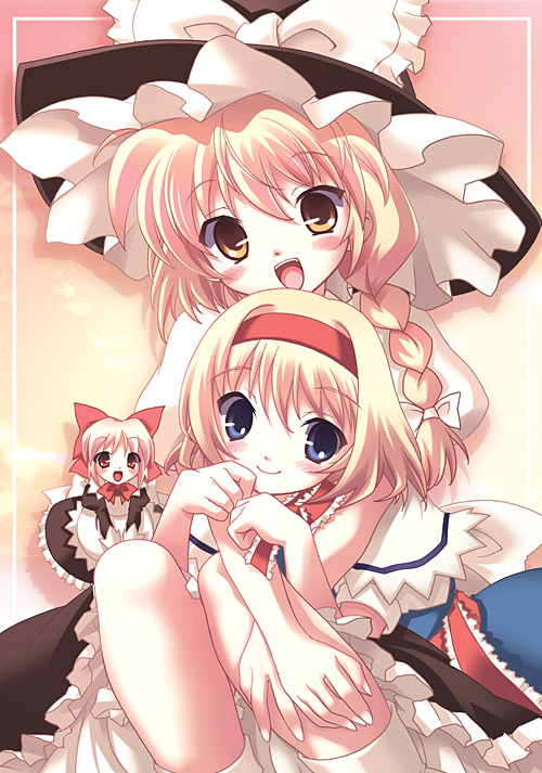 2girls :d alice_margatroid apron blonde_hair blue_eyes blush bow braid capelet couple doll error hair_bow hairband hat hat_bow hug kirisame_marisa looking_at_viewer lumine_(2339) multiple_girls open_mouth red_eyes shanghai_doll short_hair side_braid simple_background sitting smile touhou witch_hat yellow_eyes yuri