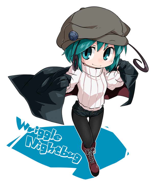 1girl alternate_costume antennae boots byourou cape character_name contemporary full_body green_eyes green_hair hat long_sleeves looking_at_viewer pants short_hair simple_background smile solo sweater touhou white_background wriggle_nightbug