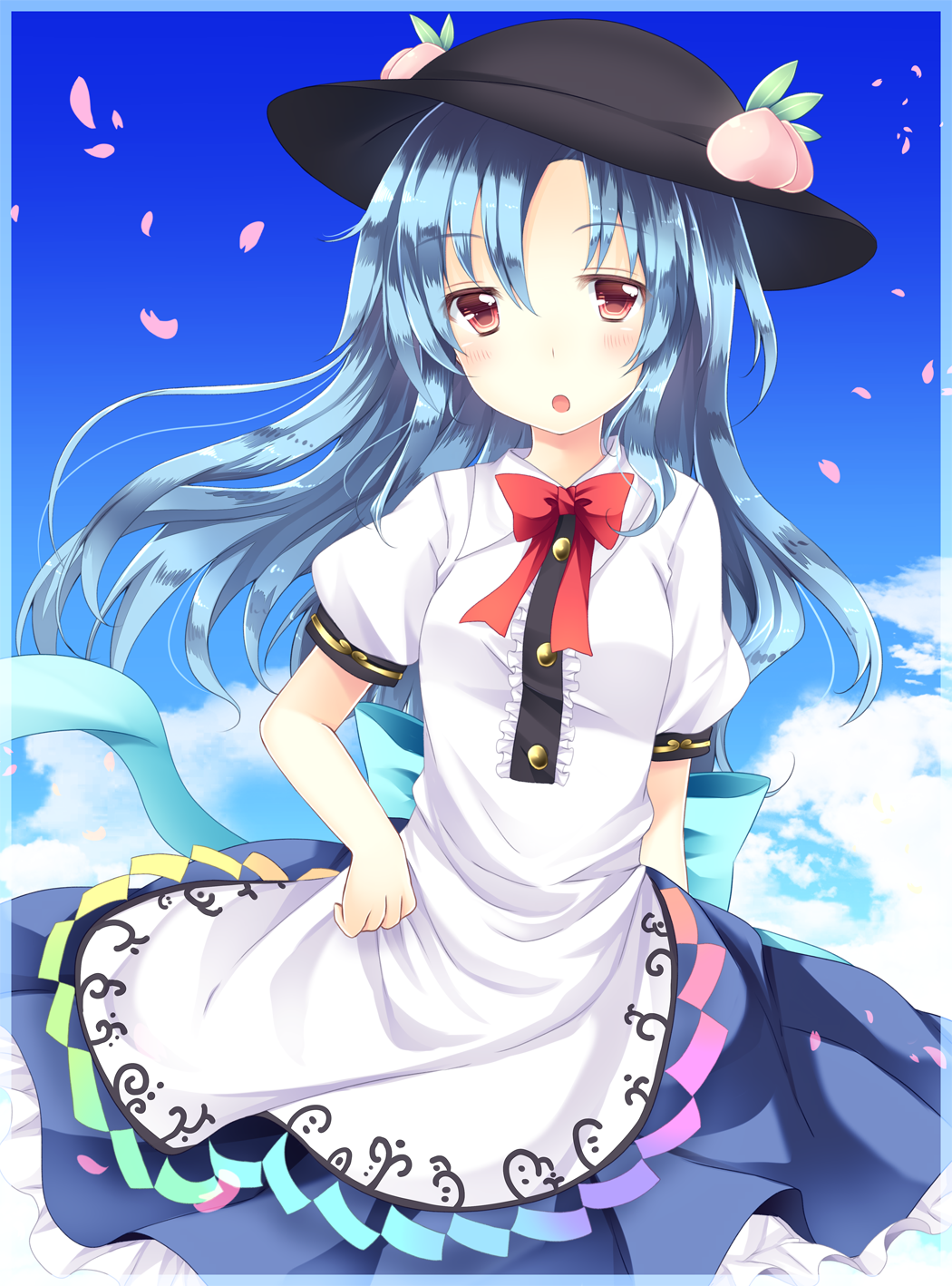 1girl :o ajiriko blue_hair cherry_blossoms collared_shirt food food_on_head fruit fruit_on_head hat highres hinanawi_tenshi long_hair object_on_head open_mouth peach red_eyes sash skirt sky solo touhou
