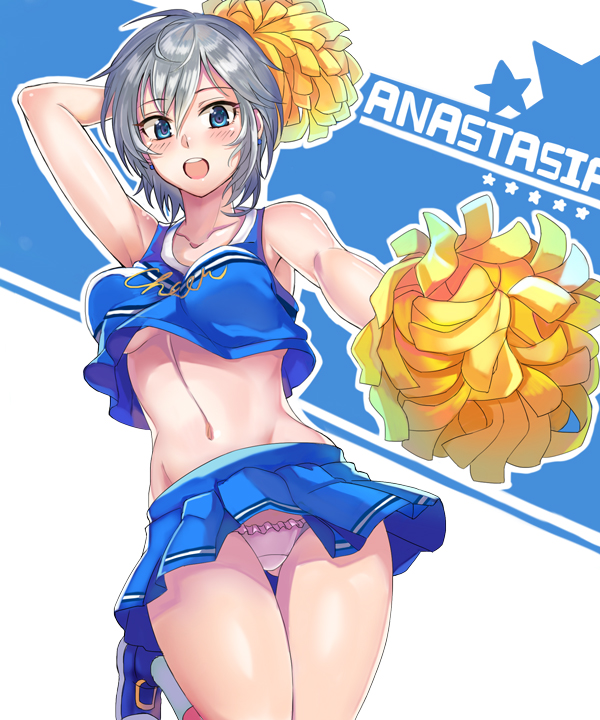 1girl anastasia_(idolmaster) arm_up ashita_(2010) blue_eyes blush breasts cheerleader idolmaster idolmaster_cinderella_girls large_breasts looking_at_viewer midriff navel open_mouth panties pantyshot pink_panties pom_poms short_hair silver_hair sleeveless solo under_boob underwear