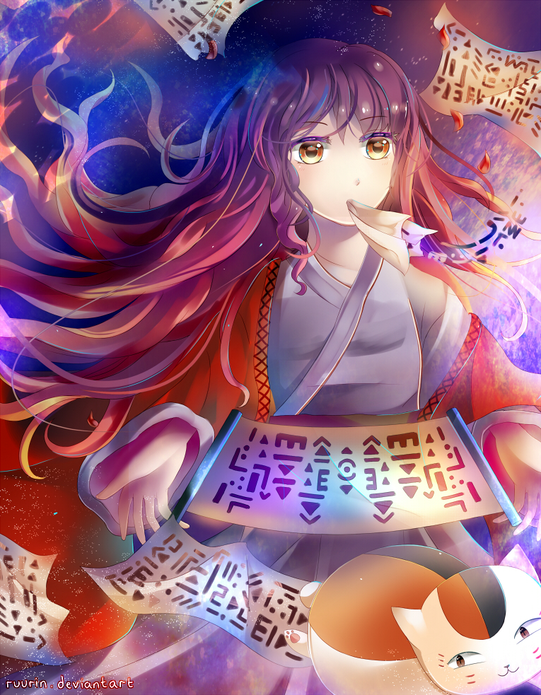 1girl artist_name brown_hair cat crossover dress gradient_hair hijiri_byakuren japanese_clothes kimono light_particles long_hair mouth_hold multicolored_hair nyanko petals purple_hair ruurin-chan scroll sorcerer's_sutra_scroll touhou wide_sleeves yellow_eyes