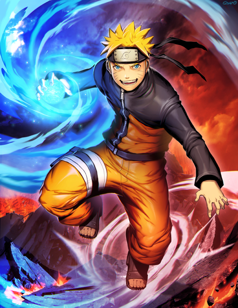 1boy blonde_hair blue_eyes facial_mark forehead_protector full_body genzoman konohagakure_symbol looking_at_viewer male_focus naruto rasengan signature solo toeless_boots uzumaki_naruto