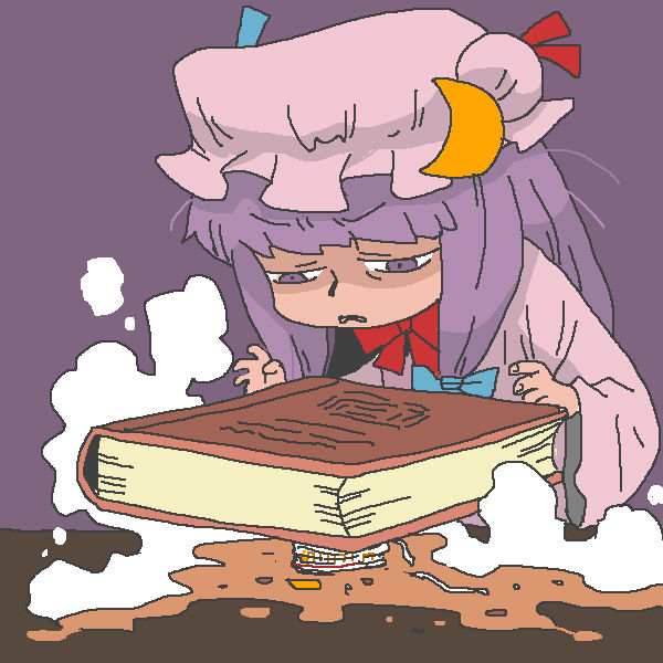 1girl book crescent crushed hat long_hair onikobe_rin patchouli_knowledge purple_hair ramen ribbon solo touhou violet_eyes you're_doing_it_wrong