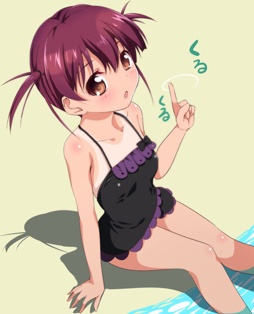 1girl arm_support beach black_swimsuit blush brown_hair frilled_swimsuit frills from_above looking_at_viewer nonohachi one-piece_swimsuit open_mouth pointing pointing_up red_eyes saki short_hair sitting solo swimsuit tan tanline twintails usuzumi_hatsumi