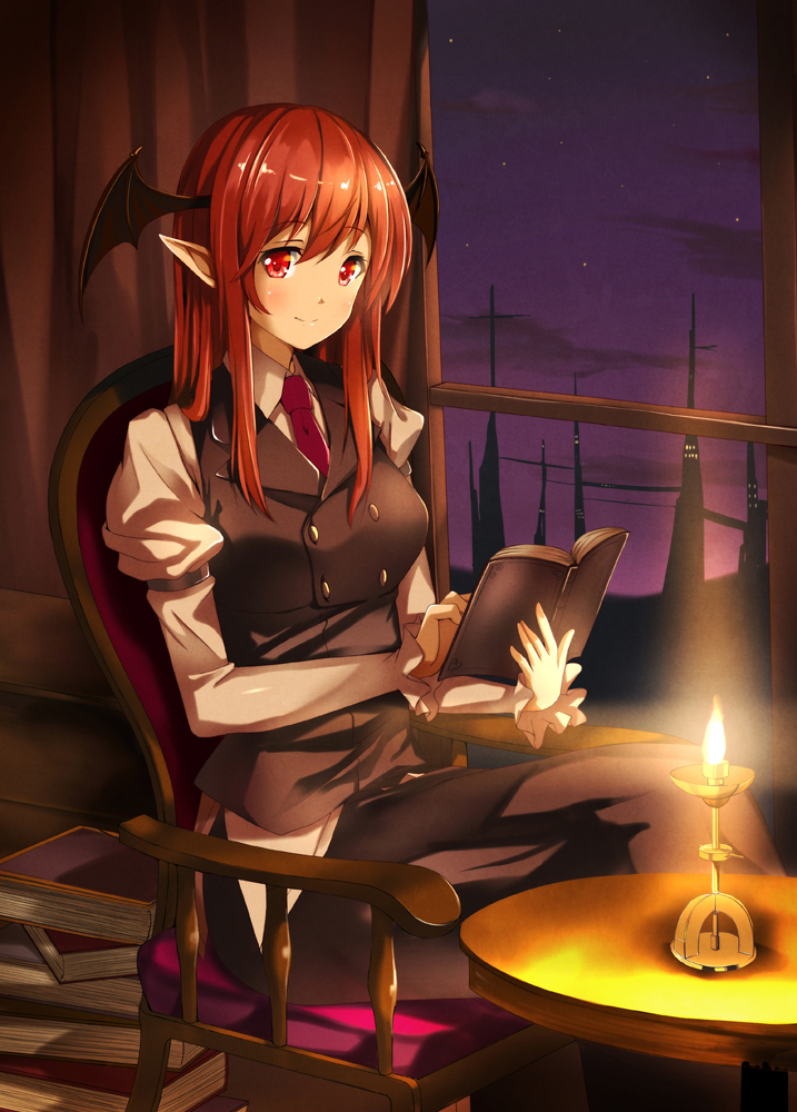 1girl bat_wings blush book book_stack chair head_wings koakuma long_hair long_sleeves looking_at_viewer necktie oil_lamp ok-ray pointy_ears red_eyes redhead sitting smile solo table touhou vest wings