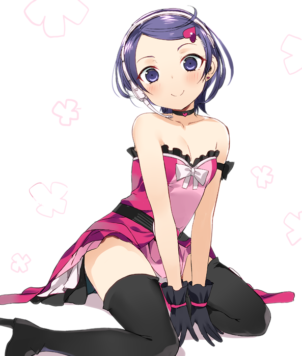 1girl bare_shoulders black_boots black_gloves blush boots breasts cleavage collarbone dokidoki!_precure dress earrings gloves hair_ornament headset heart heart_earrings heart_hair_ornament idol jewelry kenzaki_makoto kneeling nauribon pink_dress precure small_breasts smile solo thigh-highs thigh_boots thighs