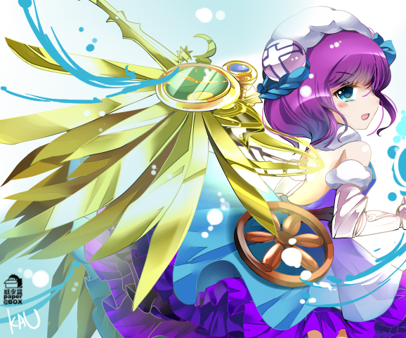 1girl blue_eyes blush dress hair_ornament mechanical_wings open_mouth purple_hair puzzle_&amp;_dragons short_hair sideways_mouth siukaukau24 skuld_(p&amp;d) solo wings