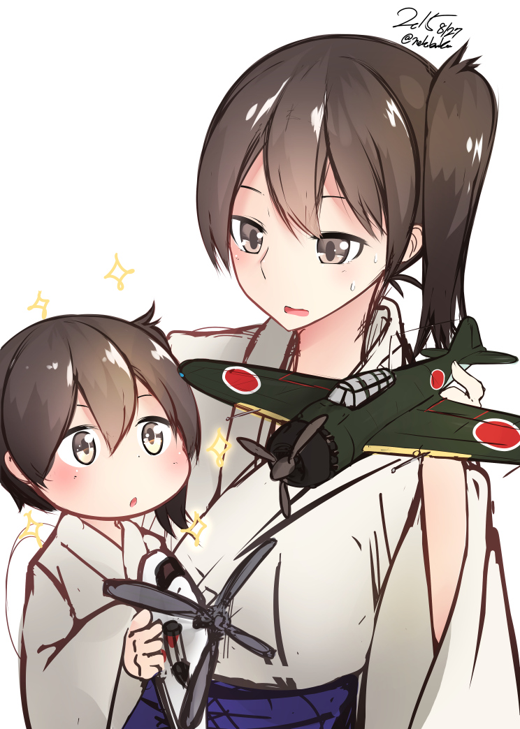 2girls :o airplane brown_hair commentary_request dated japanese_clothes kaga_(kantai_collection) kantai_collection long_sleeves multiple_girls nekobaka open_mouth ponytail short_hair side_ponytail sparkle twitter_username younger