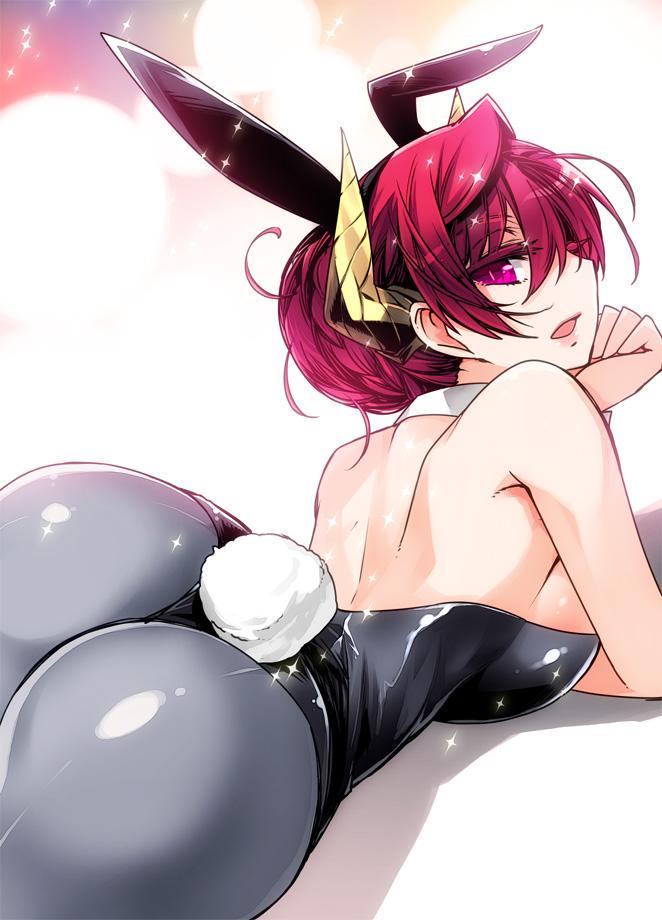 1girl alternate_hairstyle animal_ears ass breasts bunny_tail bunnysuit fake_horns female horns ishida_akira large_breasts looking_back maou_(maoyuu) maoyuu_maou_yuusha open_mouth pantyhose rabbit_ears red_eyes solo tail wrist_cuffs