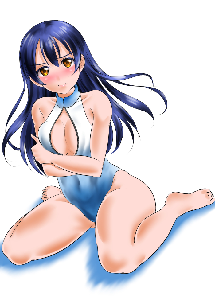 1girl blue_hair embarrassed front_zipper_swimsuit kasugano_tobari long_hair love_live!_school_idol_project one-piece_swimsuit sonoda_umi swimsuit yellow_eyes