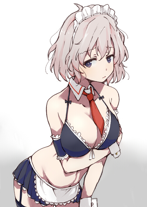 1girl apron armband blue_eyes breast_hold breasts chinchilla detached_collar frills garter_straps grey_hair kosegawa_shiromi large_breasts leaning_forward looking_to_the_side maid_bikini messy_hair necktie saki short_hair solo thigh-highs waist_apron wrist_cuffs