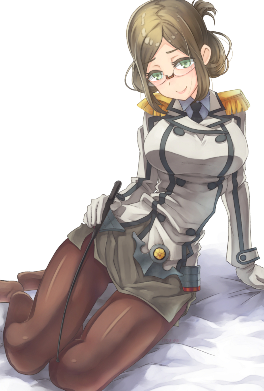 1girl folded_ponytail garutaisa glasses green_eyes highres kantai_collection katori_(kantai_collection) necktie pantyhose pointer smile solo uniform