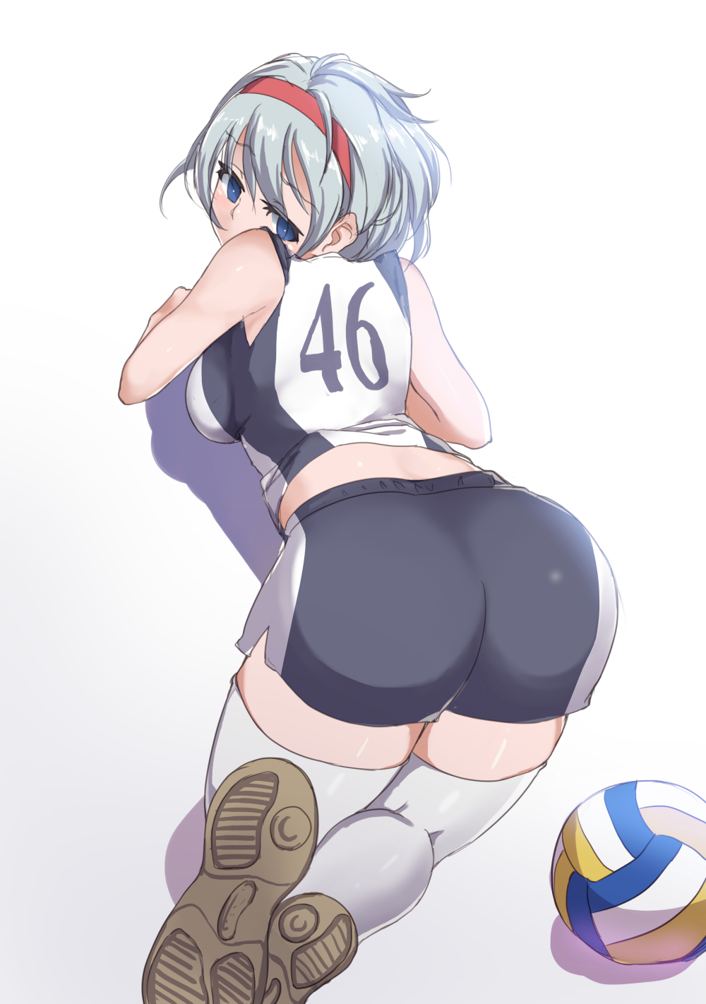 1girl all_fours ass bare_shoulders blue_eyes from_above hairband highres kosegawa_shiromi looking_back saki short_hair shorts solo sportswear thigh-highs volleyball volleyball_uniform white_hair white_legwear yamaori