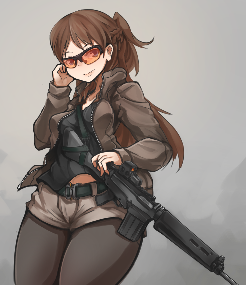 1girl arceonn battle_rifle black_legwear braid brown_hair fal_(upotte!!) fn_fal french_braid gun half_updo jacket laser_sight long_hair pantyhose rifle shooting_glasses shorts small_breasts solo tank_top upotte!! weapon wide_hips