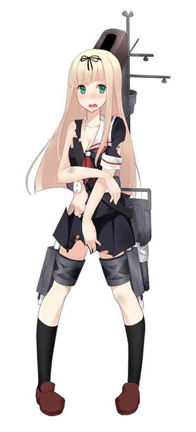 1girl black_ribbon black_skirt blonde_hair breasts cleavage full_body green_eyes hair_ribbon kantai_collection kujou_ichiso loafers long_hair official_art open_mouth pleated_skirt ribbon school_uniform serafuku shoes short_sleeves skirt solo torn_clothes torn_skirt transparent_background yuudachi_(kantai_collection)