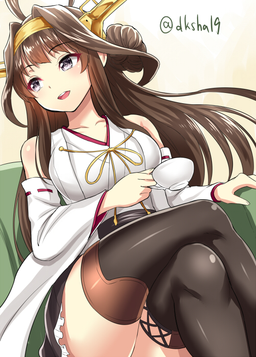 1girl boots breasts brown_eyes brown_hair crossed_legs cup detached_sleeves drink hairband japanese_clothes kantai_collection kase_daiki kongou_(kantai_collection) large_breasts long_hair looking_away miniskirt nontraditional_miko sitting skirt solo teacup thigh-highs thigh_boots thighs twitter_username wide_sleeves zettai_ryouiki