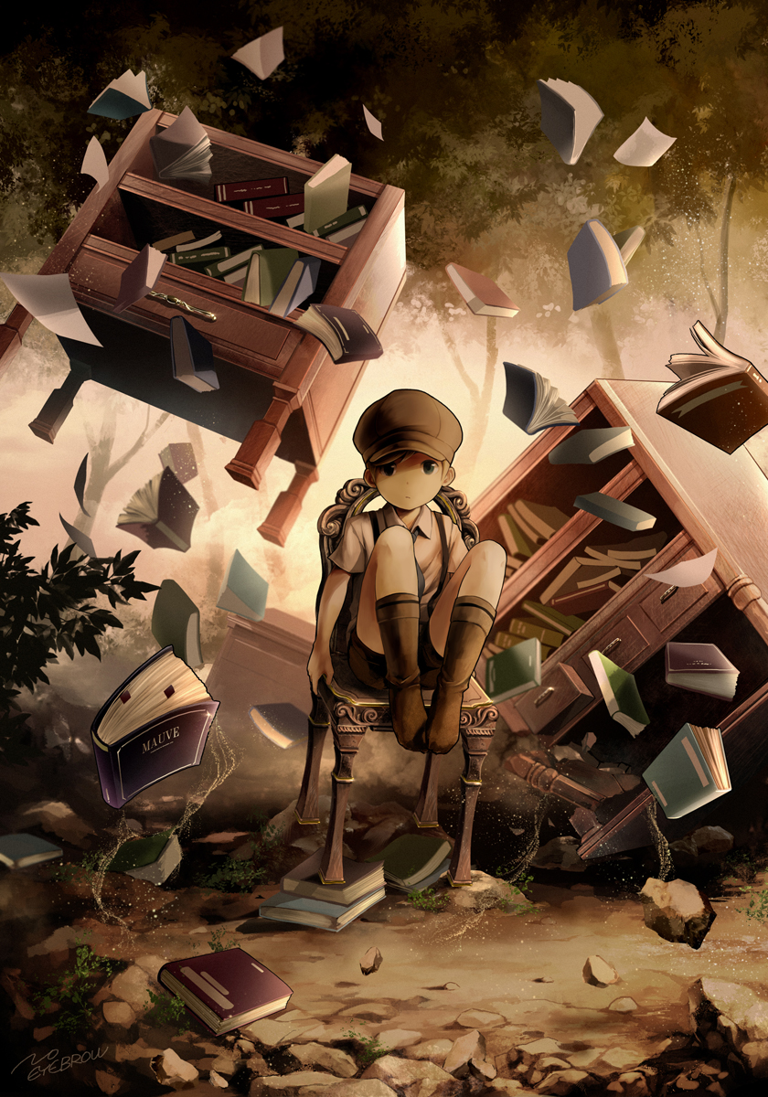 1boy artist_name book chair hat highres looking_at_viewer male_focus necktie no_shoes noeyebrow_(mauve) original outdoors shorts sitting socks solo surreal suspenders tree water