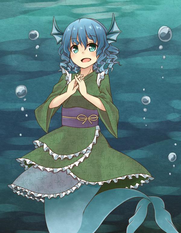 1girl blue_eyes blue_hair bubble head_fins interlocked_fingers japanese_clothes kimono mermaid monster_girl niwatori_(shimatori042) open_mouth smile touhou underwater wakasagihime